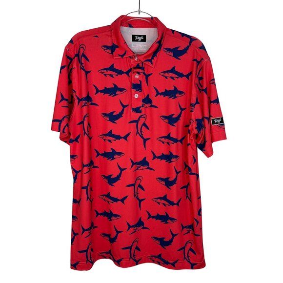 Waggle Golf Performance Polo Shirt Shark Print Red & Blue Size Large - Picture 3 of 8